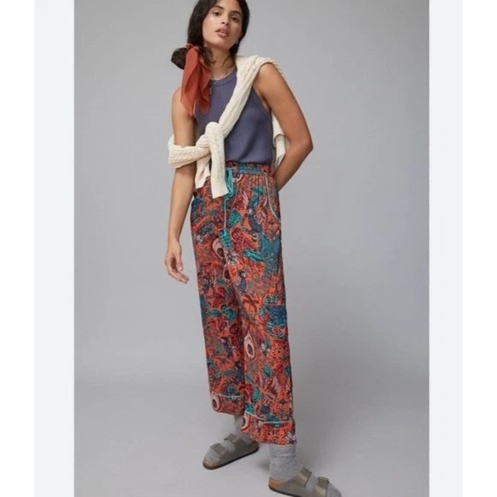 Anthropologie Emma J Shipley Tropical Jungle Wide Leg Pants Orange Teal 2X